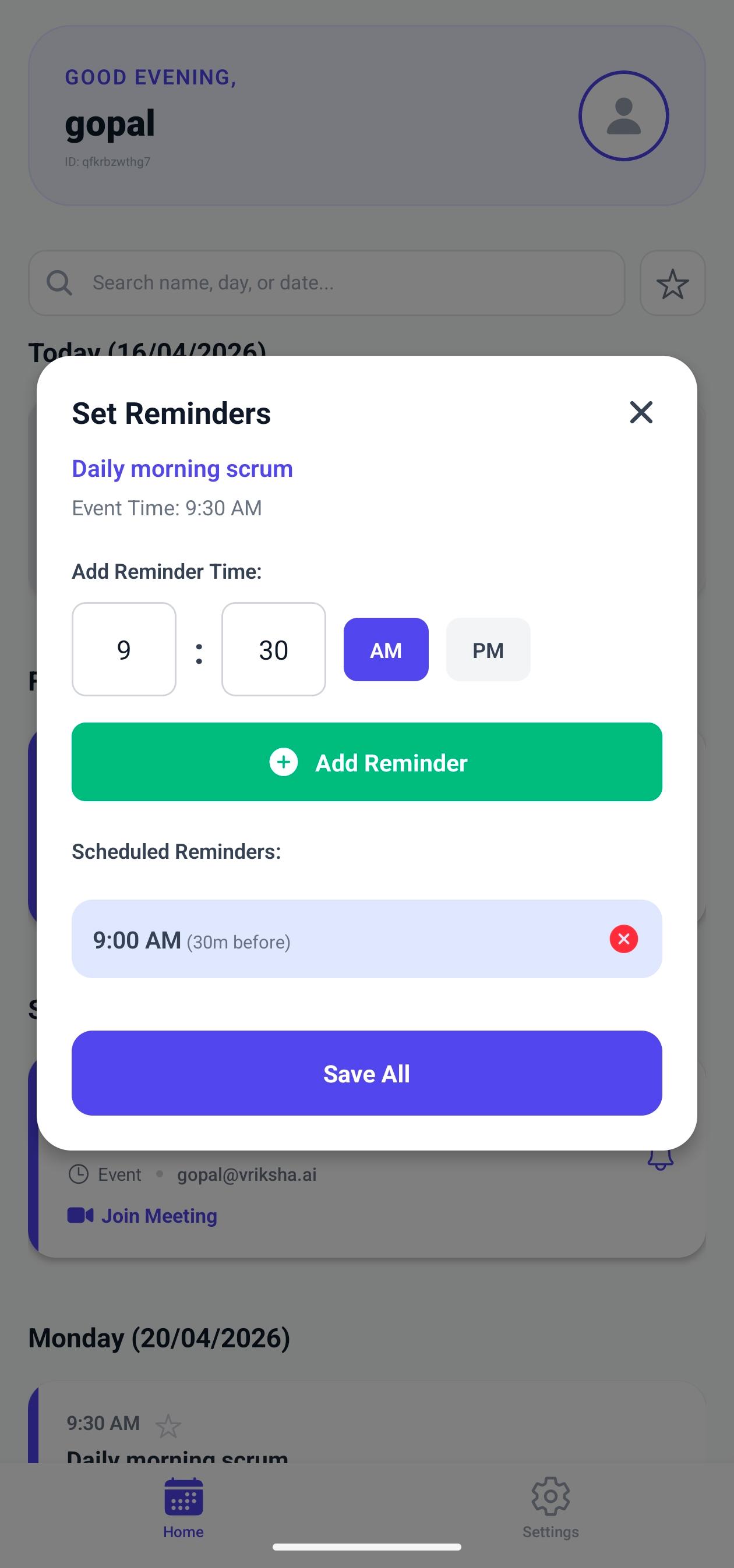 Reminders Settings